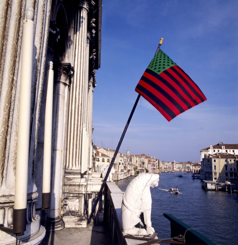 Installation view of David Hammons’s African-American Flag (1990) in the exhibition Casino Fantasma (May 24-July 15, 1990) at Ca' Vendramin Calergi, part of the 44th Venice Biennale