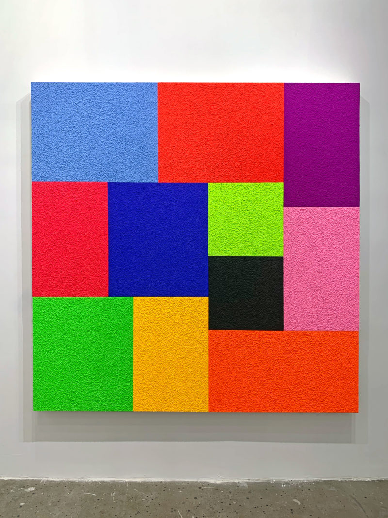 Peter Halley - Close, 2019, acrylic, fluorescent acrylic, and Roll-A-Tex on canvas, 198.1 x 203.2 cm (78 x 80 in), Almine Rech