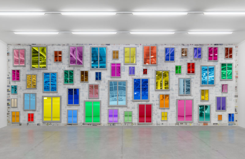 Ugo Rondinone - <em>Clockwork for Oracles II</em>, 2008, 52 mirrors, color plastic gel, wood, paint dimensions variable, installation view, Broad Art Museum, Lansing, 2017