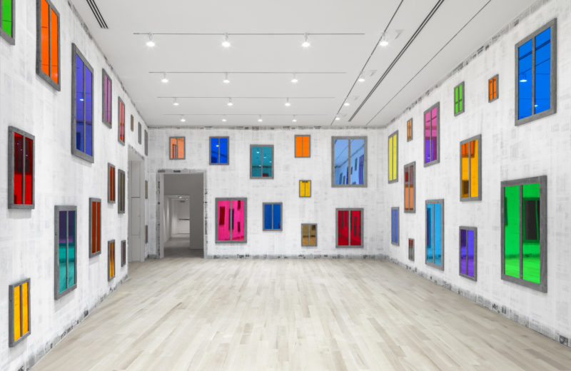 Ugo Rondinone - Clockwork for Oracles II, 2008, 52 mirrors, color plastic gel, wood, paint dimensions variable, installation view, The Bass Museum of Art, Miami