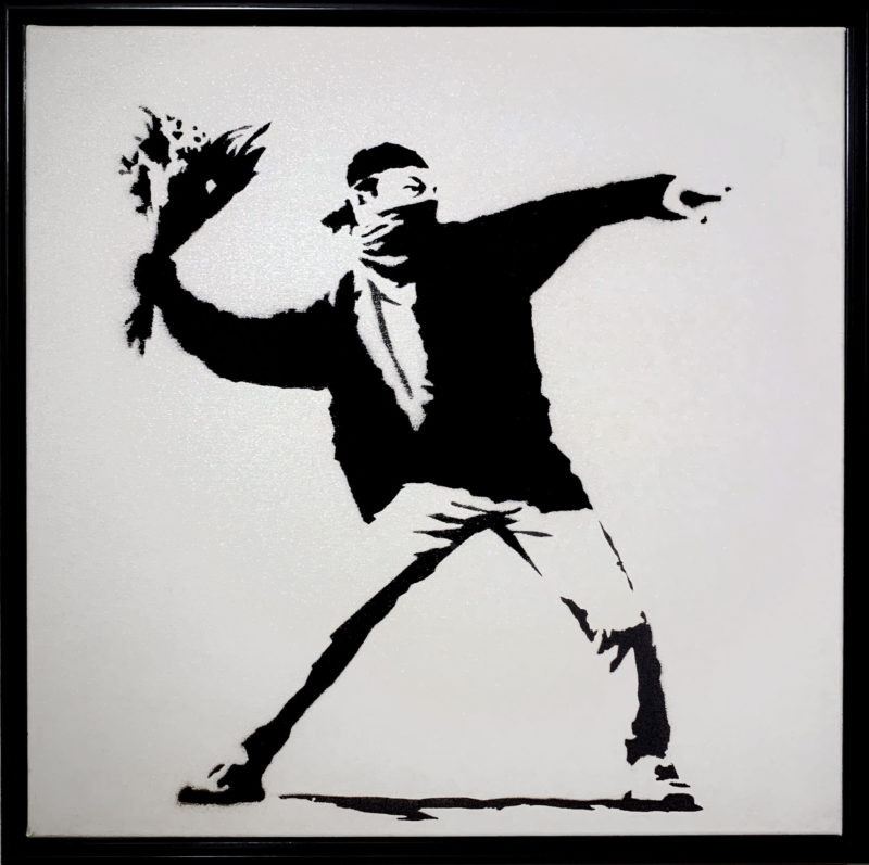 Banksy - Flower Thrower, 2002, acrylic and spray paint on canvas, 90 x 90 cm