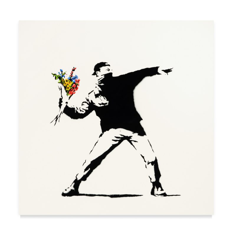 Banksy - Love is in the Air, 2005, oil and spray paint on canvas, 90 x 90 cm (35 ⅜ x 36 ⅜ in)