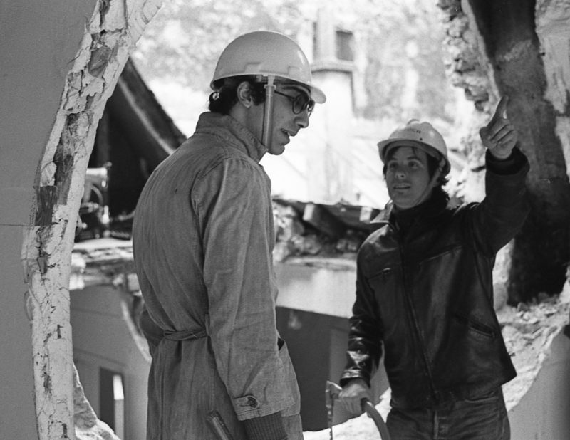 Gordon Matta-Clark and Gerry Hovagimyan working on Conical Intersect, 1975