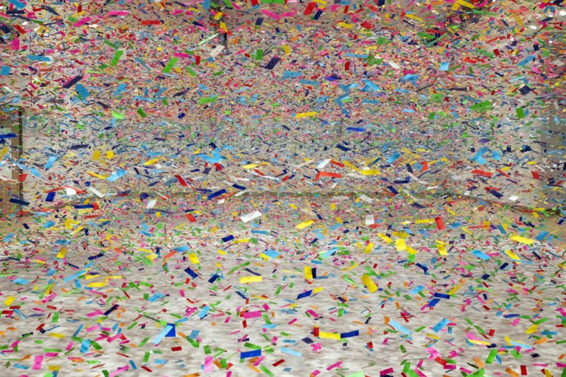 Nike Savvas - Finale: Bouquet, 2020, confetti, nylon wire, electric fans, installation view, Museum of New Zealand Te Papa Tongarewa, Wellington, New Zealand