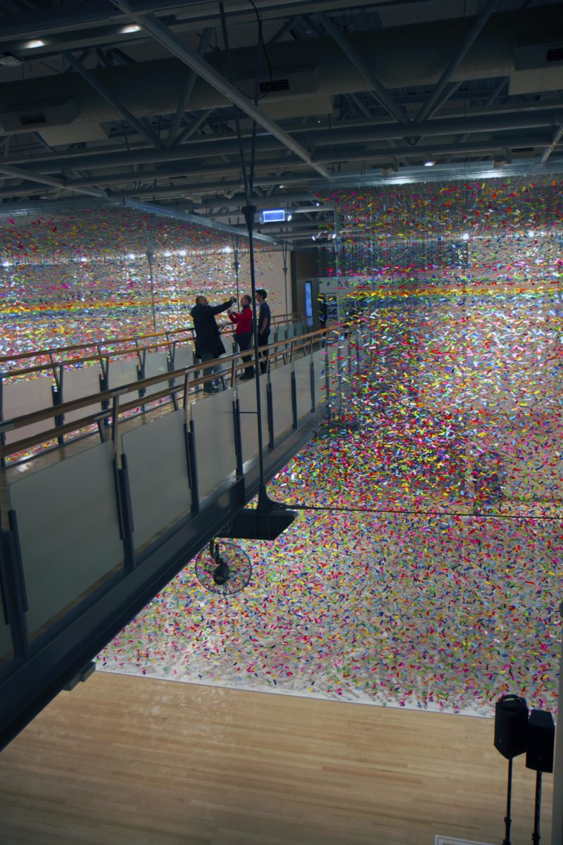 Nike Savvas - Finale: Bouquet, 2020, confetti, nylon wire, electric fans, installation view, Museum of New Zealand Te Papa Tongarewa, Wellington, New Zealand