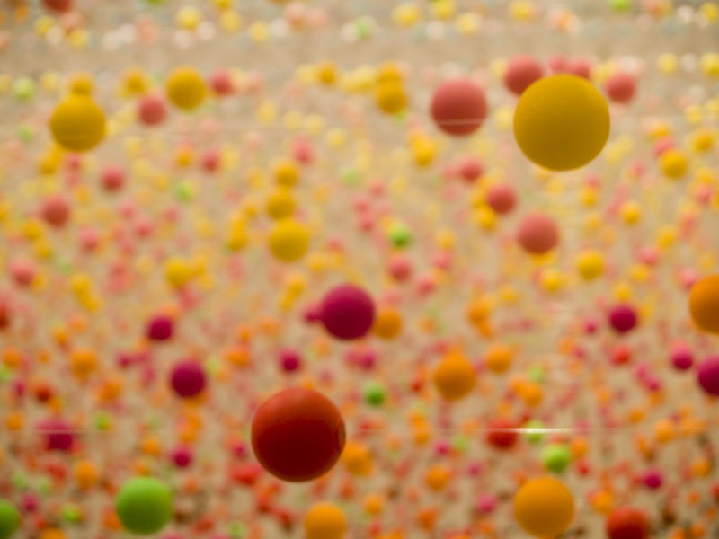 Nike Savvas – Atomic: Full of Love Full of Wonder, 2005, polystyrene, acrylic paint, nylon wire, electric fans, installation view, Art Gallery of NSW, Sydney, 2006