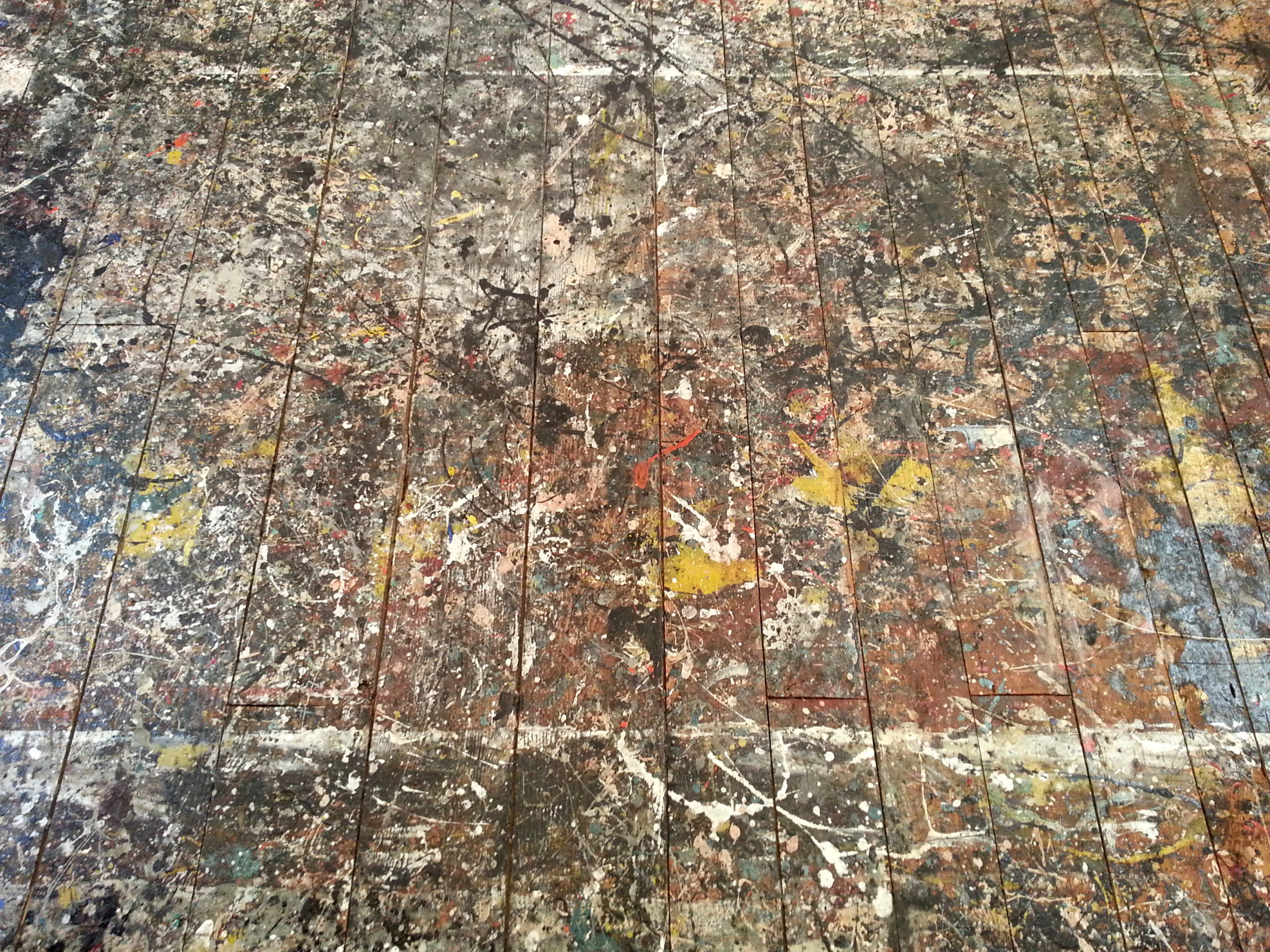 Paint tins on the floor of the studio of artist Jackson Pollock, Springs, East Hampton, New York