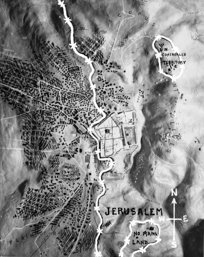 Relief map of Jerusalem with barbed wire demarcation line, 1953