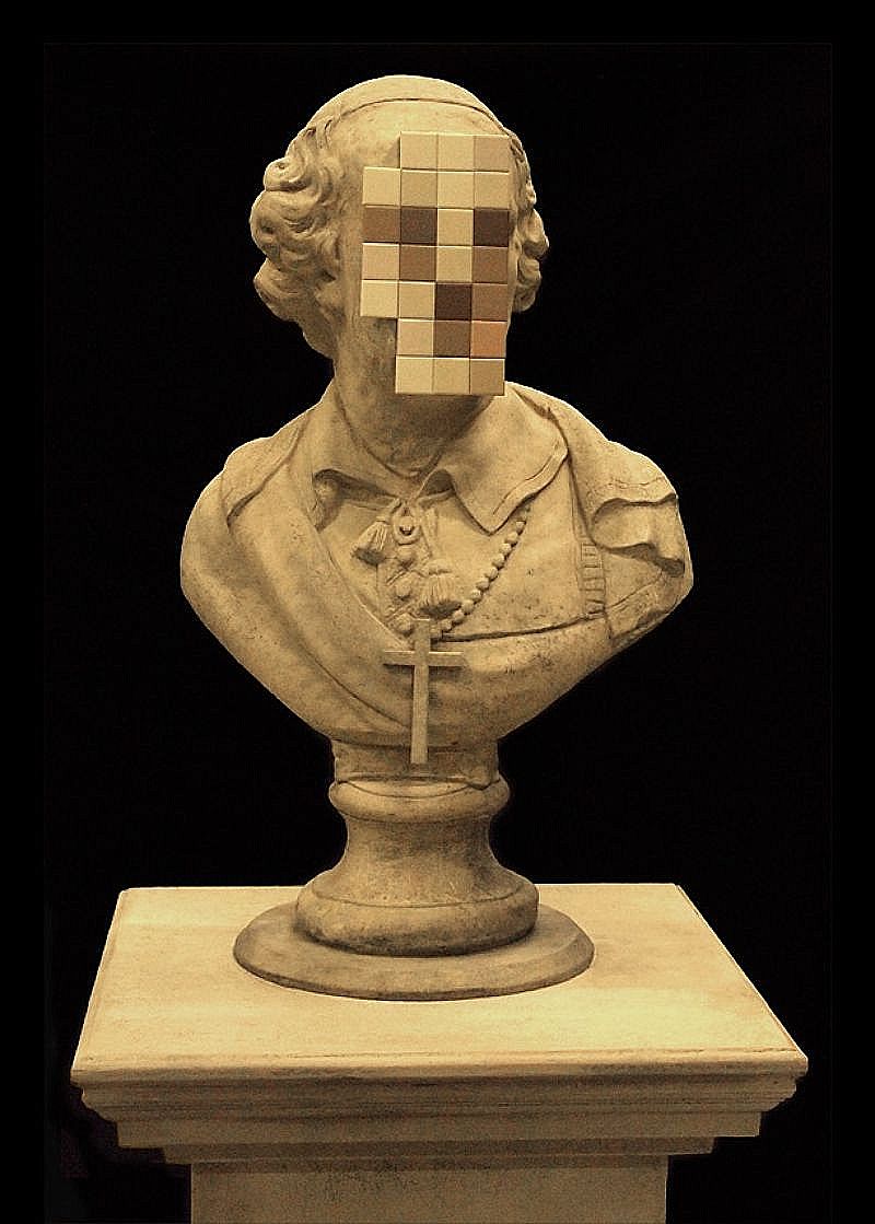 Banksy – Cardinal Sin, 2006, defaced stone bust, bathroom tiles, 180 x 40 x 40 cm