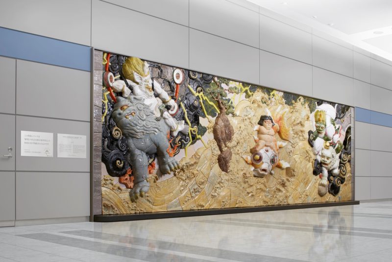 Katsuhiro Otomo - Kinka Doji Riding the Waves Accompanied by Fujin and Raijin, 2015, ceramic relief, 8.7 x 2.8 meter, Sendai Airport
