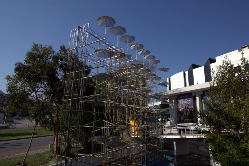 George Zongolopoulos - Umbrellas, 1995, stainless steel, height 13 m, installation view, Macedonian Museum Of Contemporary Art, Thessaloniki, Greece