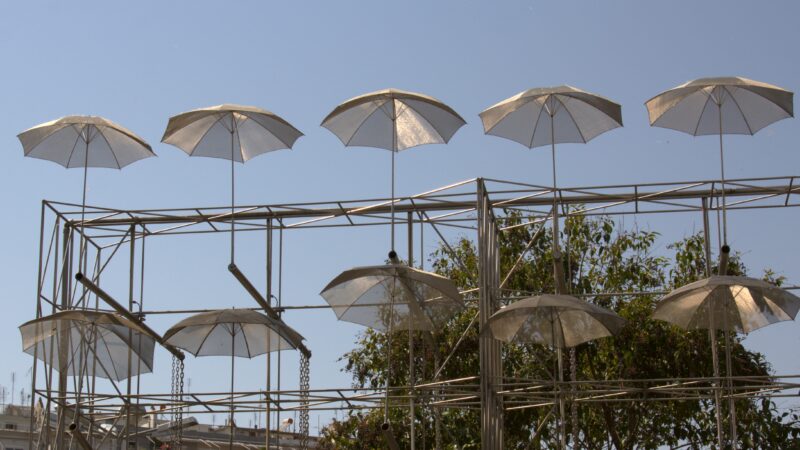 George Zongolopoulos - Umbrellas, 1995, stainless steel, height 13 m, installation view, Macedonian Museum Of Contemporary Art, Thessaloniki, Greece
