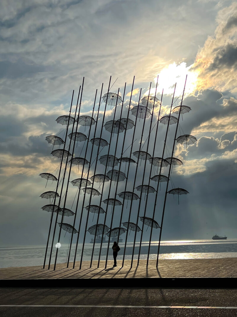 George Zongolopoulos - Umbrellas, 1997, stainless steel, height 13 m, Thessaloniki Seafront, Thessaloniki, Greece