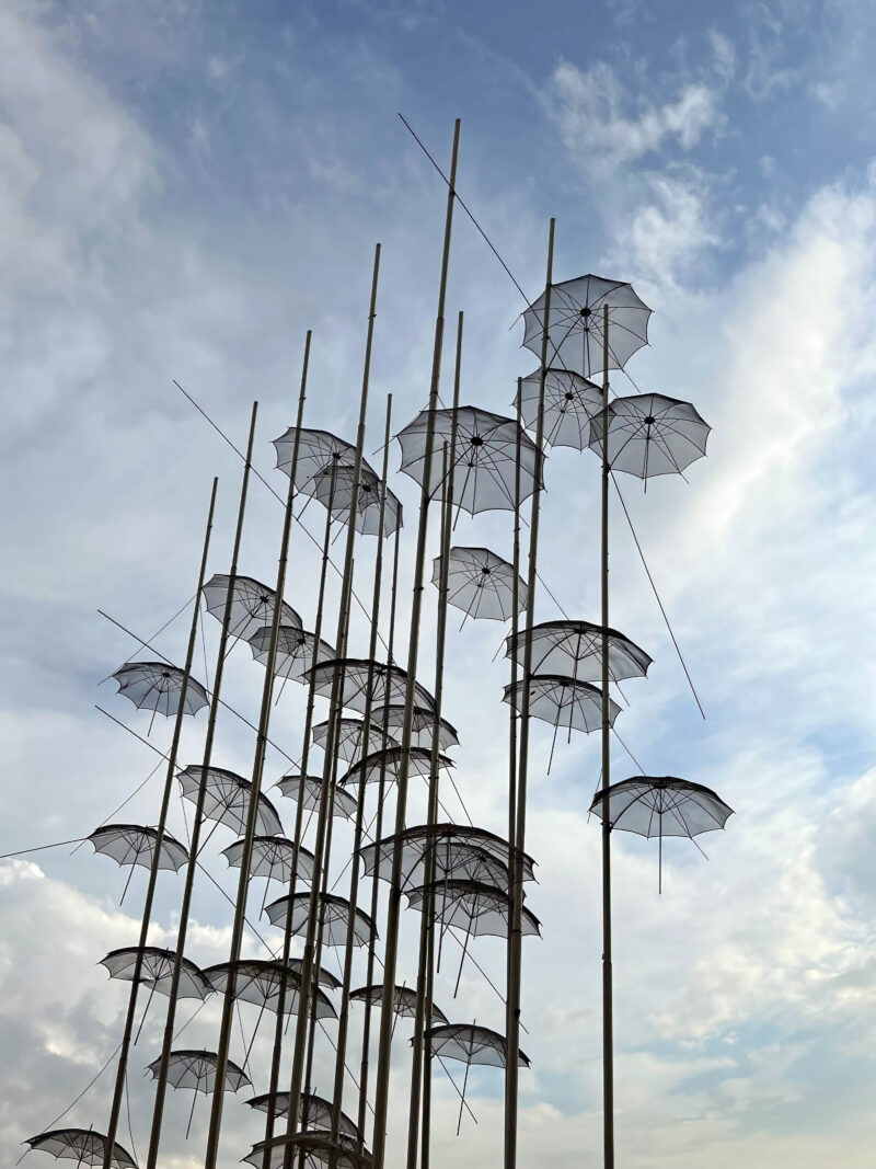 George Zongolopoulos - Umbrellas, 1997, stainless steel, height 13 m, Thessaloniki Seafront, Thessaloniki, Greece