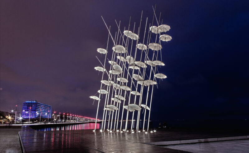 George Zongolopoulos - Umbrellas, 1997, stainless steel, height 13 m, Thessaloniki Seafront, Thessaloniki, Greece