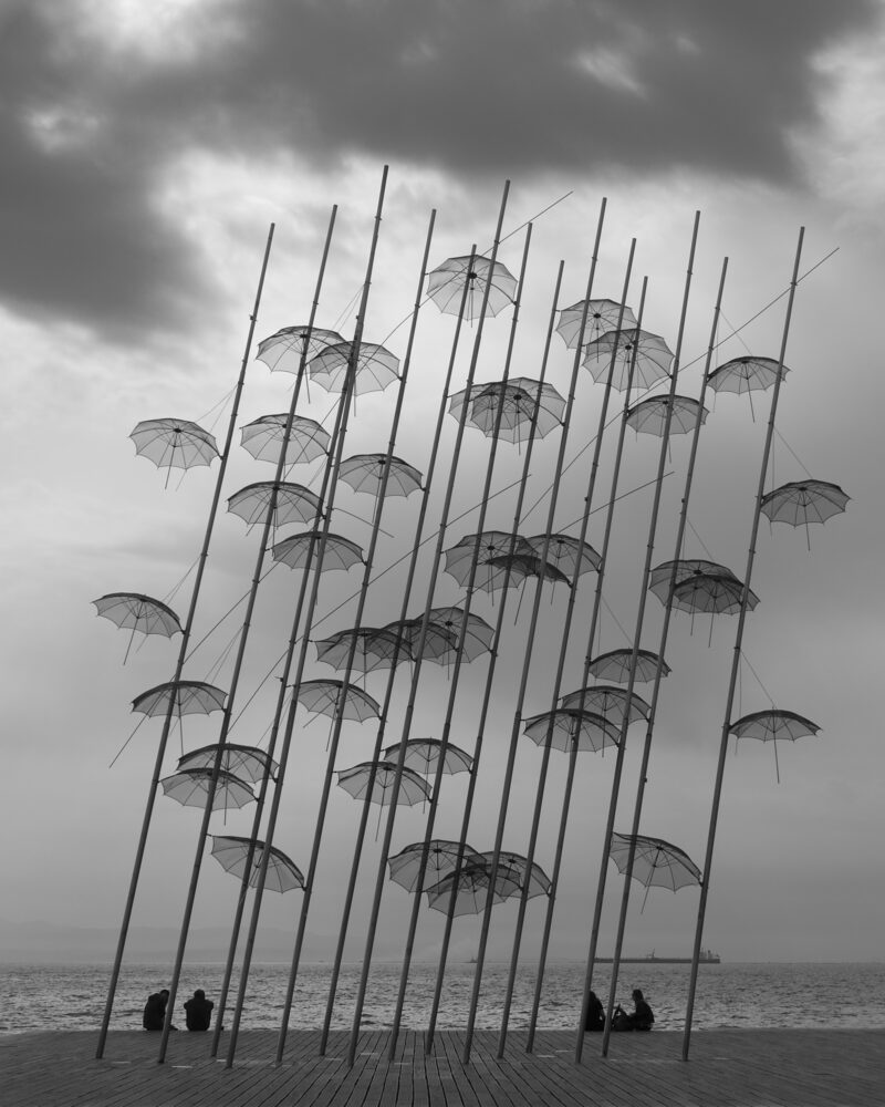 George Zongolopoulos - Umbrellas, 1997, stainless steel, height 13 m, Thessaloniki Seafront, Thessaloniki, Greece