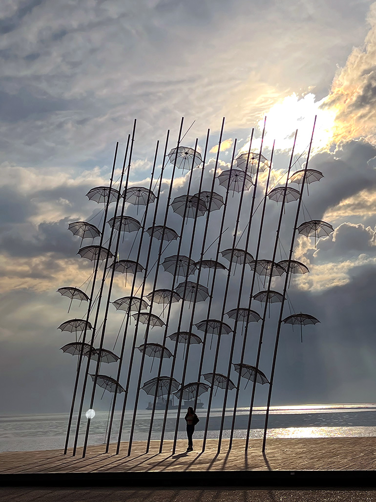 George Zongolopoulos - Umbrellas, 1997, stainless steel, height 13 m, Thessaloniki Seafront, Thessaloniki, Greece feat