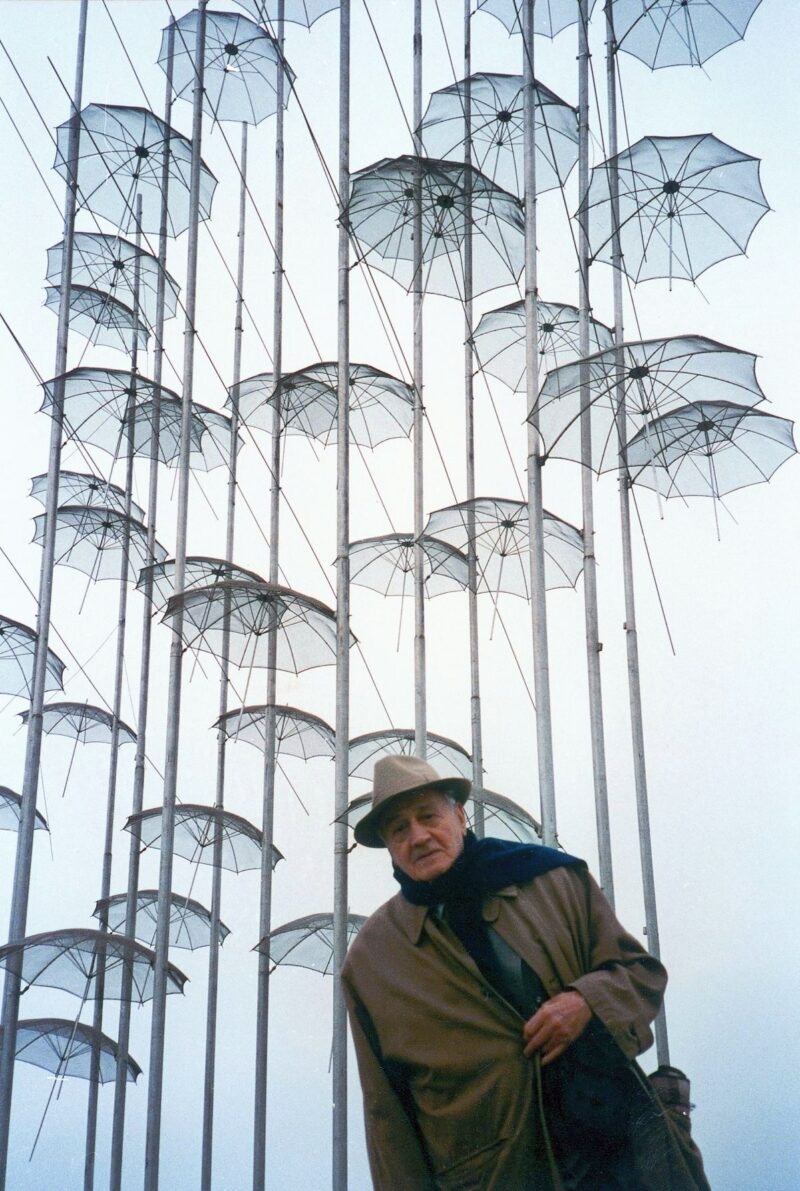 George Zongolopoulos in front of his Umbrella sculpture in Thessaloniki, Greece, 1997