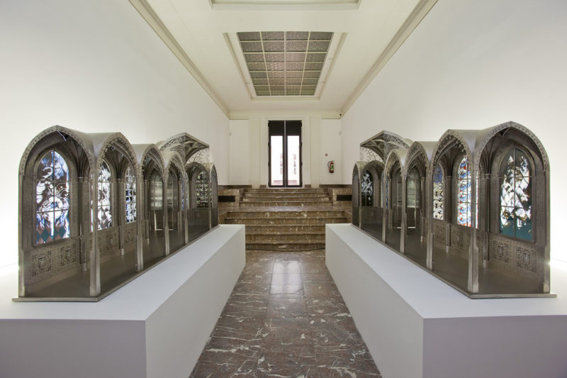 Wim Delvoye - Chapel MUDAM Luxembourg, 2006, laser-cut Corten steel and stained-glass windows, 900 x 400 x 600 cm, installation view, Knocking on Heaven's Door, 2011, Brussels