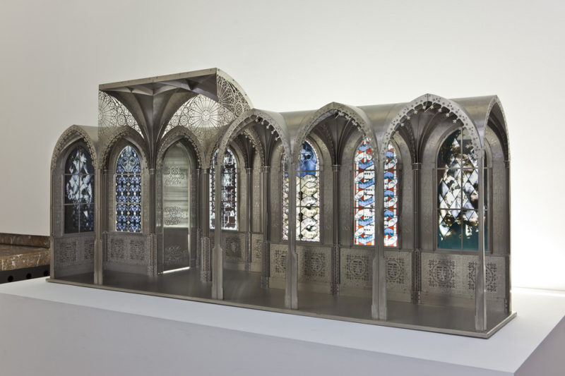 Wim Delvoye - Chapel MUDAM Luxembourg, 2006, laser-cut Corten steel and stained-glass windows, 900 x 400 x 600 cm, installation view, Knocking on Heaven's Door, 2011, Brussels