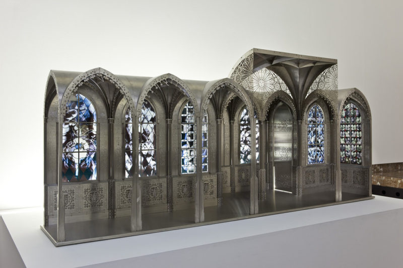 Wim Delvoye - Chapel MUDAM Luxembourg, 2006, laser-cut Corten steel and stained-glass windows, 900 x 400 x 600 cm, installation view, Knocking on Heaven's Door, 2011, Brussels