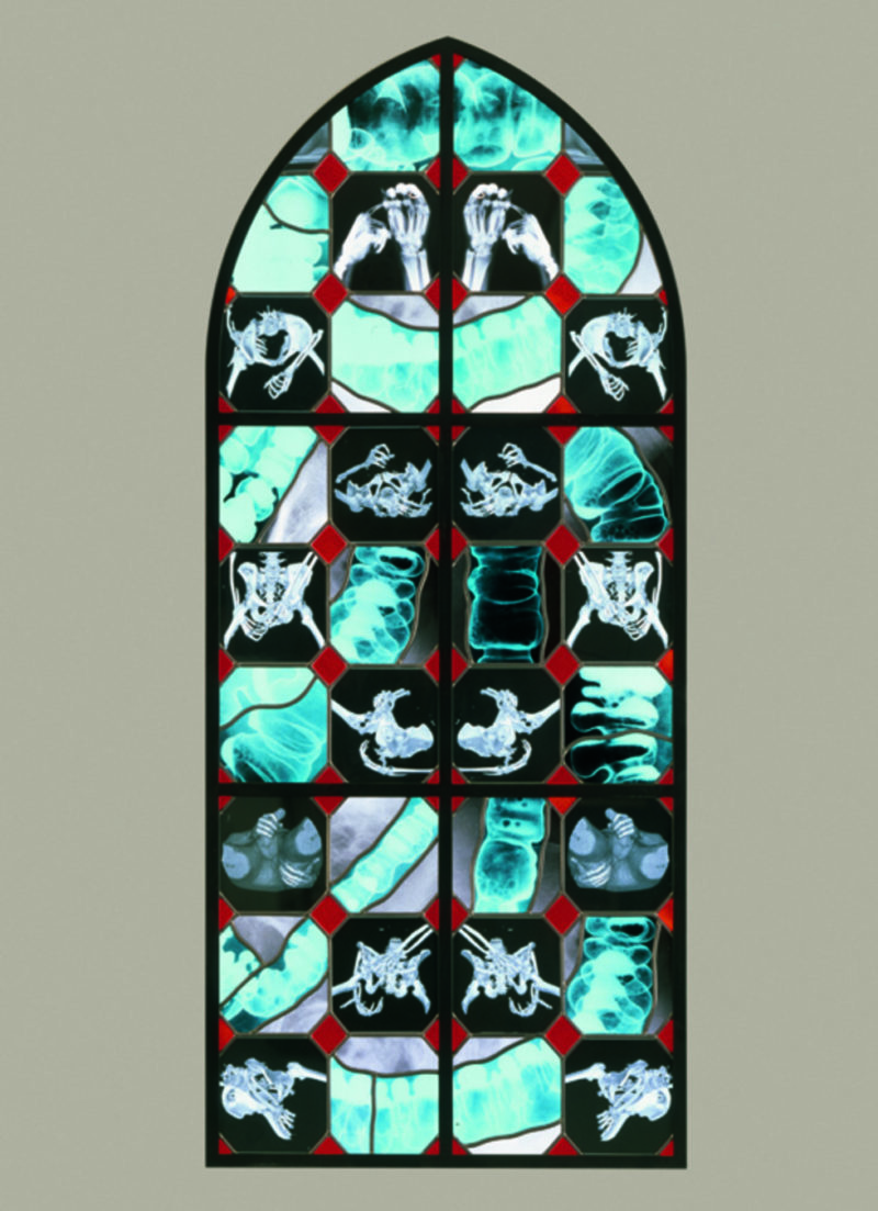 Wim Delvoye - Polyhymnia, 2001-2002, steel, x-ray photographs, lead, glass, 200 x 80 cm