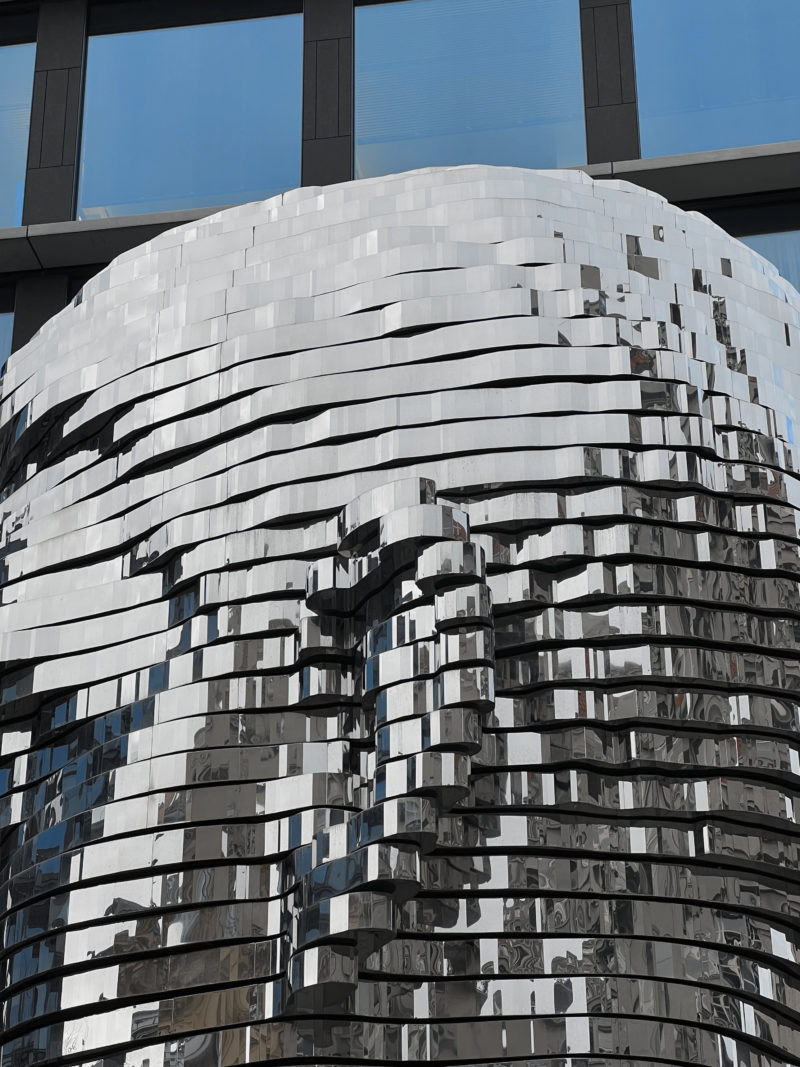 David Černý - Head of Franz Kafka, 2014, 40 layers of polished stainless steel, motors, electronics, 10.6 meters tall, 39 tonnes, installation view, Prague, Czech Republic
