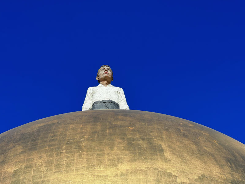 Stephan Balkenhol - Sphaera, 2007, steel, plastic, bronze and gold leaf, 8,8-meter height, 5-meter diameter, 3,5 tonnes, installation view, Kapitelplatz, Salzburg, Austria