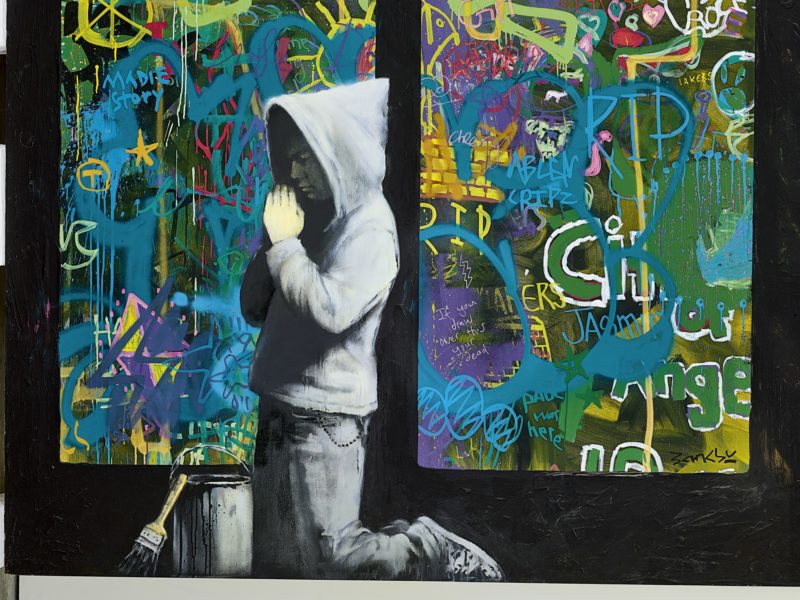 Banksy - Forgive Us Our Trespassing, 2011, acrylic, spray paint and marker pens on wooden panel, in four parts, 655 x 421 cm (257⅞ x 165¾ in)