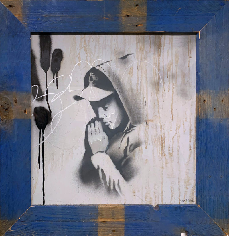 Banksy - Forgive Us Our Trespassing, 2012, spray paint on found plywood, 82.5 x 83 cm
