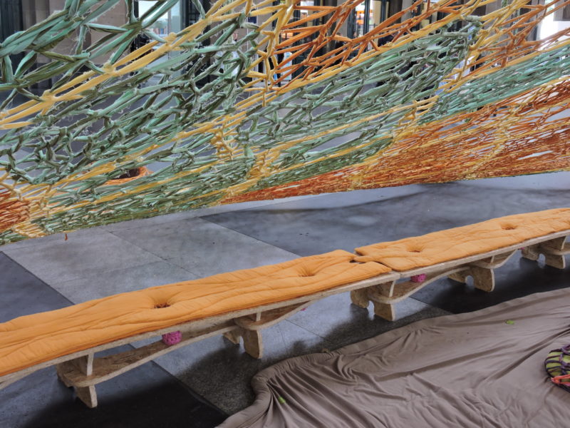 Ernesto Neto - GaiaMotherTree, 2018, woven cotton fabric, 420kg of spices (turmeric, cloves, cumin, black pepper), plant seeds, installation view, Zürich main station, Zürich, Switzerland, 2018