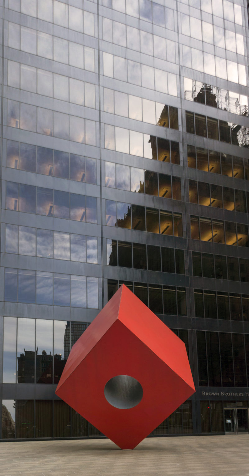 Isamu Noguchi - Red Cube, 1968, steel, aluminum, 24 feet tall, installation view, 140 Broadway, New York