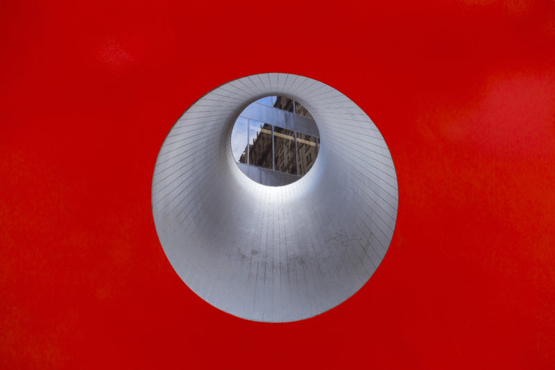 Isamu Noguchi - Red Cube (detail), 1968, steel, aluminum, 24 feet tall, installation view, 140 Broadway, New York