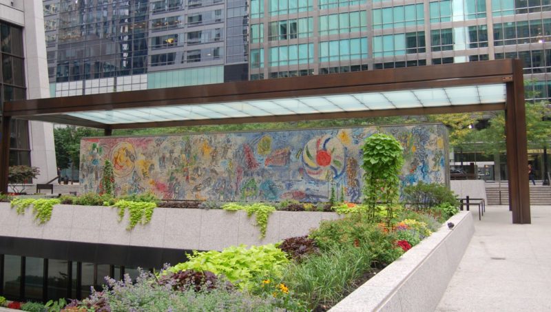 Marc Chagall - Four Seasons, 1972, dedicated Sept. 27, 1974, hand-chipped stone and glass fragments, 128 panels, installation view, Chase Tower Plaza, Chicago