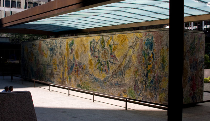 Marc Chagall - Four Seasons, 1972, dedicated Sept. 27, 1974, hand-chipped stone and glass fragments, 128 panels, installation view, Chase Tower Plaza, Chicago