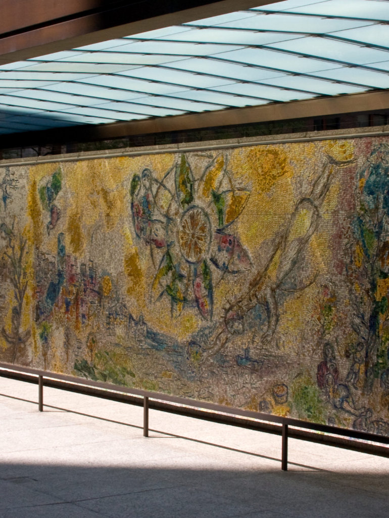 Marc-Chagall-Four-Seasons-1972-dedicated-Sept.-27-1974-hand-chipped-stone-and-glass-fragments-128-panels-installation-view-Chase-Tower-Plaza-Chicago-feat