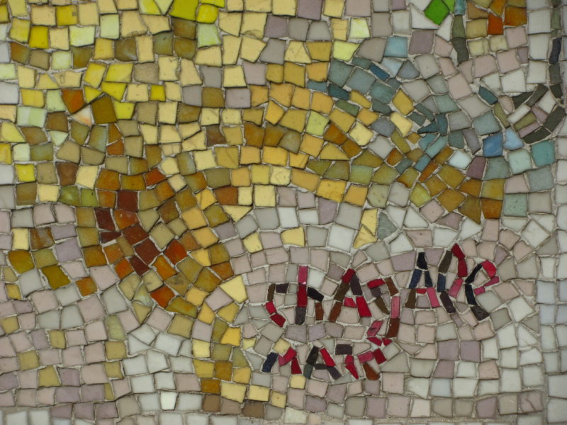 Signature of Marc Chagall in Four Seasons, 1972, dedicated Sept. 27, 1974, hand-chipped stone and glass fragments, 128 panels, installation view, Chase Tower Plaza, Chicago