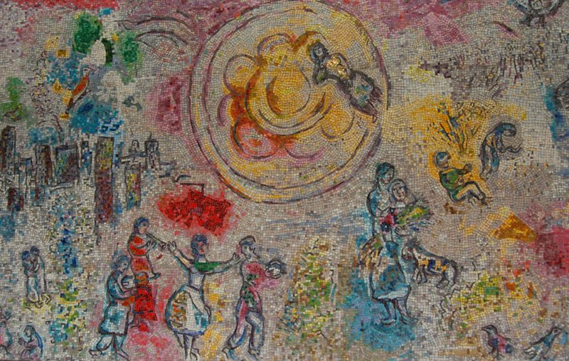 Summer scene in Marc Chagall's Four Seasons, 1972, dedicated Sept. 27, 1974, hand-chipped stone and glass fragments, 128 panels, installation view, Chase Tower Plaza, Chicago
