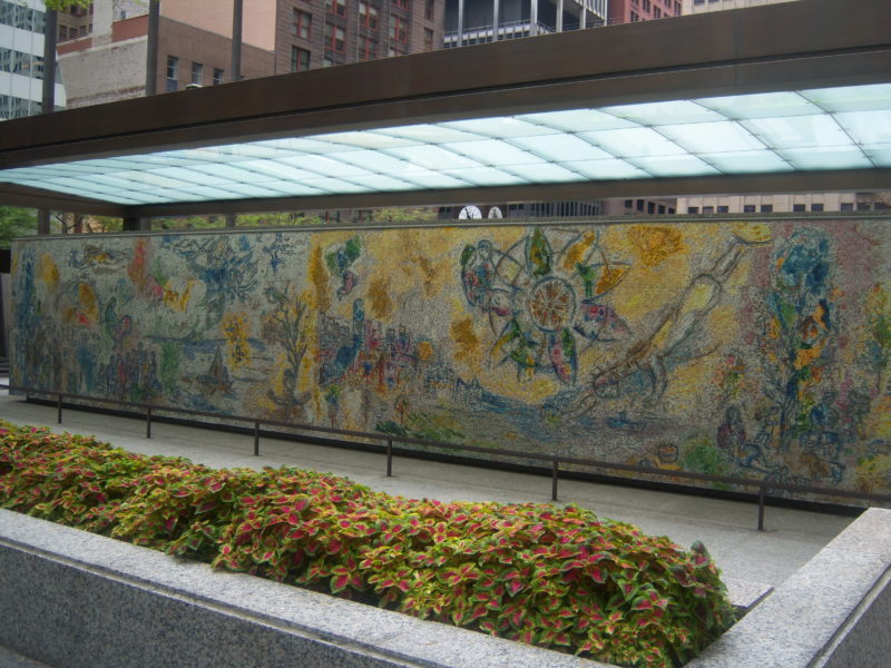 The eastern side of Marc Chagall’s Four Seasons, 1972, dedicated Sept. 27, 1974, hand-chipped stone and glass fragments, 128 panels, installation view, Chase Tower Plaza, Chicago