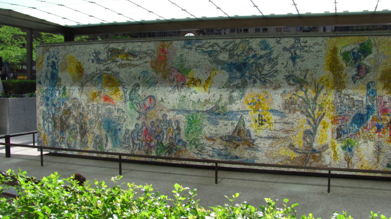 The eastern side of Marc Chagall's Four Seasons, 1972, dedicated Sept. 27, 1974, hand-chipped stone and glass fragments, 128 panels, installation view, Chase Tower Plaza, Chicago