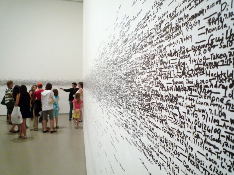 Roman Ondak – Measuring the Universe, 2007, performance, felt-tip pen, museum guards, museum audience, installation view, Museum of Modern Art, New York, 2009