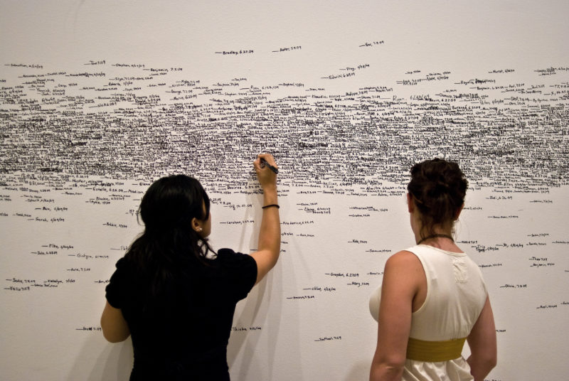 Visitors leaving their name and date of visit in Roman Ondak's Measuring the Universe, 2007, performance, felt-tip pen, museum guards, museum audience, installation view, Museum of Modern Art, New York, 2009