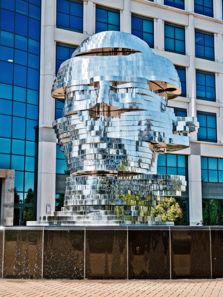 David-Černý-Metalmorphosis-2007-40-layers-of-polished-stainless-steel-motors-electronics-7-meters-tall-13-tonnes-installation-view-Whitehall-Corporate-Center-in-Charlotte-North-Carolina-USA-feat