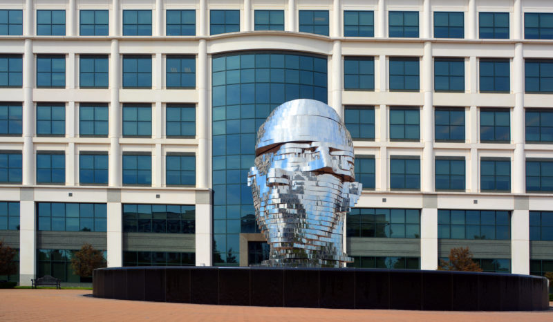 David Černý - Metalmorphosis, 2007, 40 layers of polished stainless steel, motors, electronics, 7 meters tall, 13 tonnes, installation view, Whitehall Corporate Center in Charlotte, North Carolina, USA