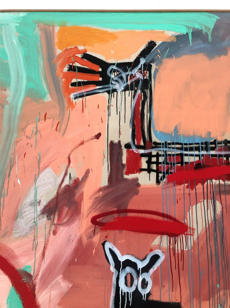 Jean-Michel Basquiat – Boy and Dog in a Johnnypump (detail), 1982, acrylic, oil stick, spray paint on canvas, 240 x 420 cm (96 x 164 in), installation view, Fondation Beyeler, Switzerland, 2023