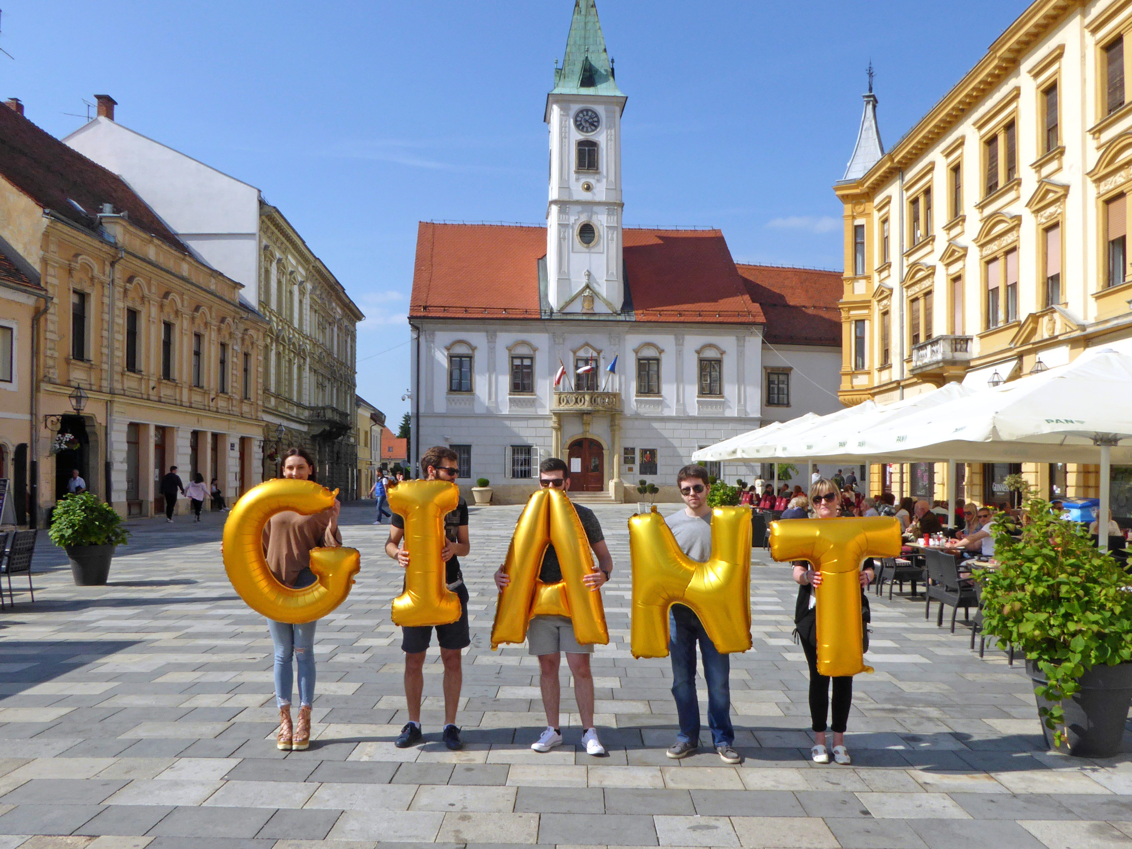 Croatia, Varazdin, Town Hall (Vjećnica Varaždin) - Giant, Silence was Golden, gold balloons