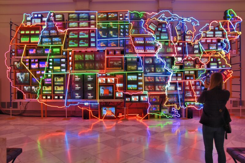 Nam June Paik – Electronic Superhighway - Continental U.S., Alaska, Hawaii, 1995, fifty-one channel video installation (including one closed-circuit television feed), Smithsonian American Art Museum