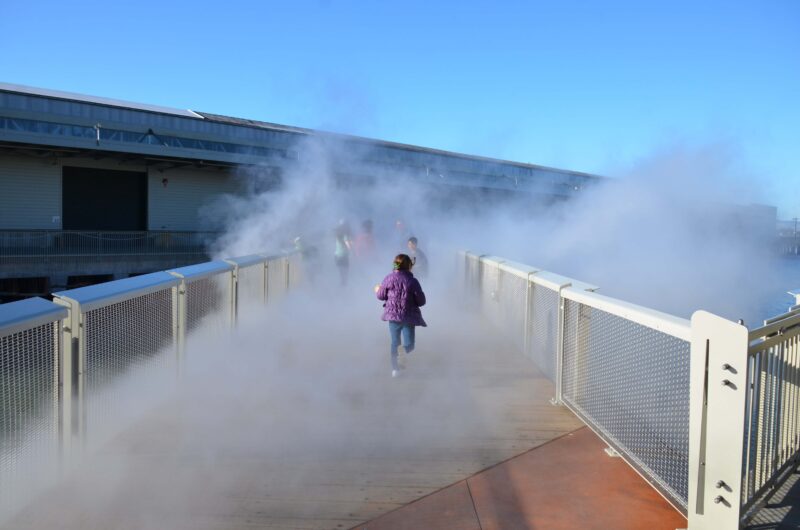 Fujiko Nakaya - Fog Bridge #72494, 2013, 800 high-pressure nozzles, 150 ft (46 m), installation view, Exploratorium, San Francisco, USA