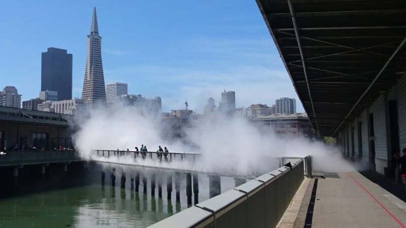 Fujiko Nakaya - Fog Bridge #72494, 2013, 800 high-pressure nozzles, 150 ft (46 m), installation view, Exploratorium, San Francisco, USA