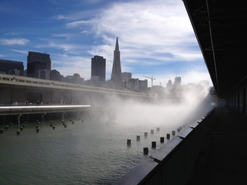 Fujiko Nakaya - Fog Bridge #72494, 2013, 800 high-pressure nozzles, 150 ft (46 m), installation view, Exploratorium, San Francisco, USA